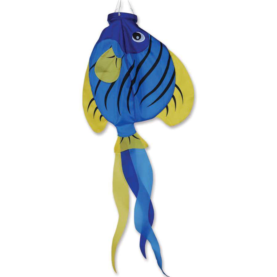 This Striped Angelfish Fish Windsock measures 36" in length and inflates with the slightest breeze. Design features a fish shape in bright blues and yellows.