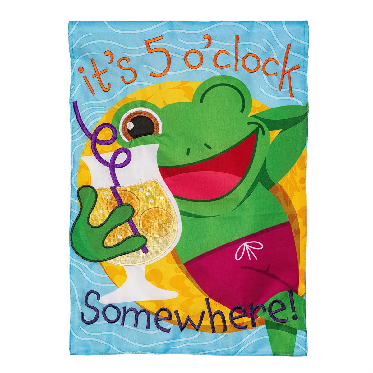 5 O'Clock Somewhere Garden Flag Features a Frog Relaxing in a Pool with a Drink in His Hand with the Words "it's 5 O'Clock Somewhere" 