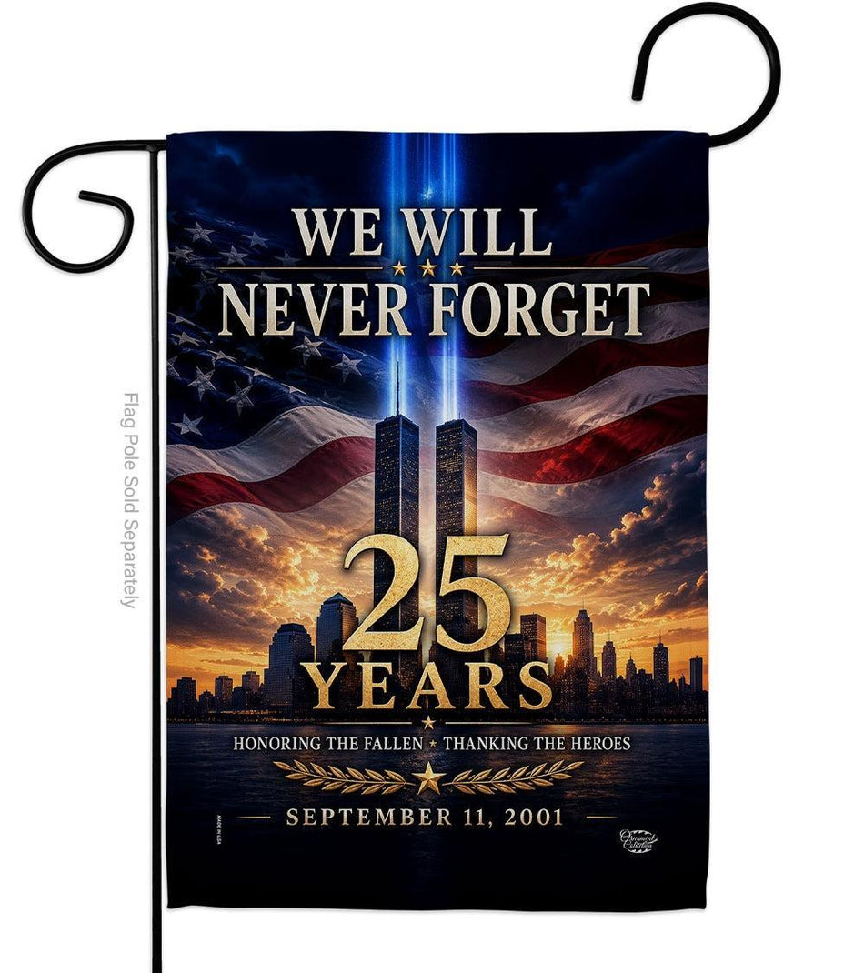 Honor 25 years since September 11 with this 9/11 memorial garden flag featuring the Twin Towers, American flag and powerful We Will Never Forget message.