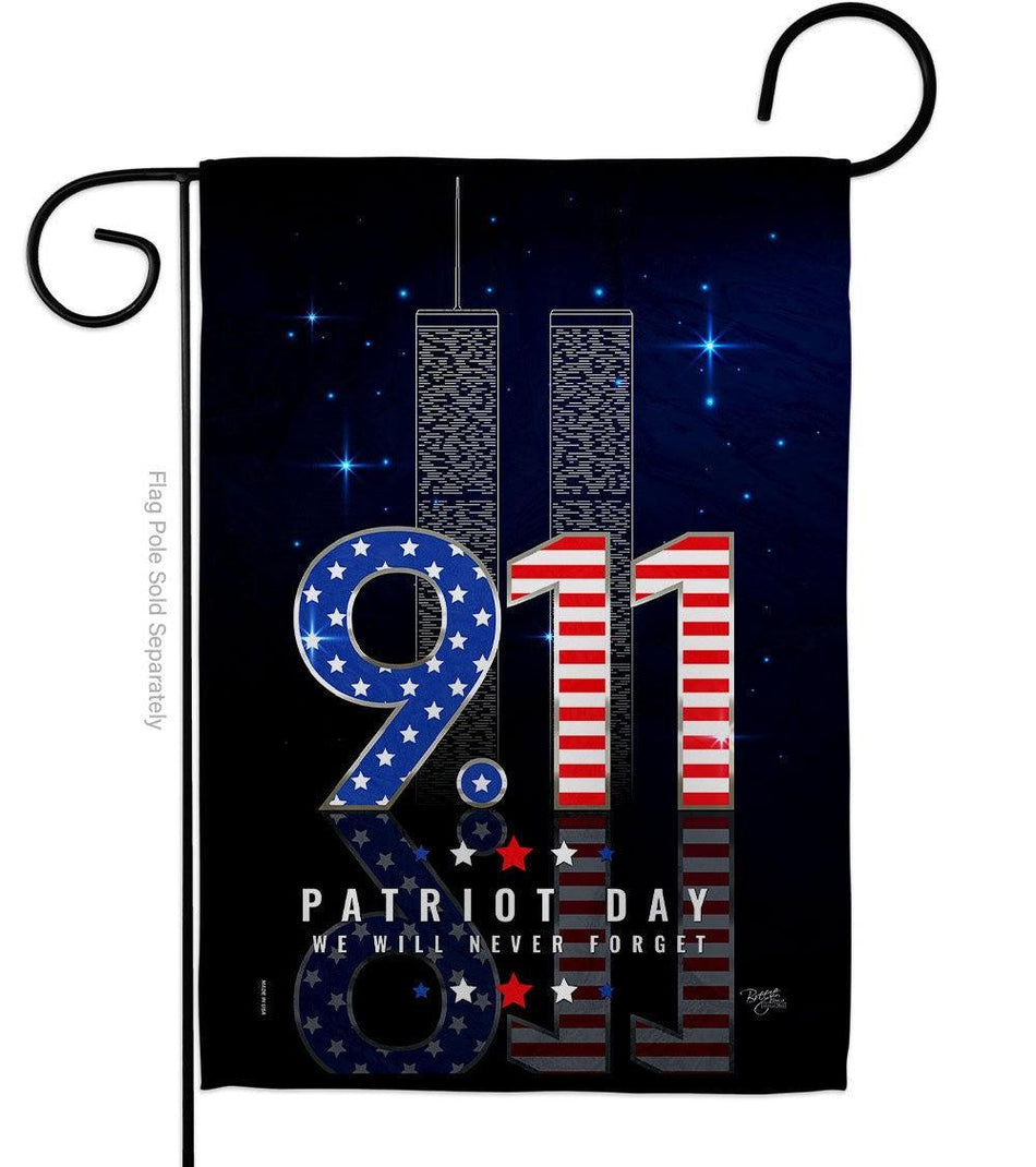 Honor September 11 with this patriotic 9/11 memorial garden flag featuring the Twin Towers, American flag, 9.11.01 date and powerful Never Forget message.