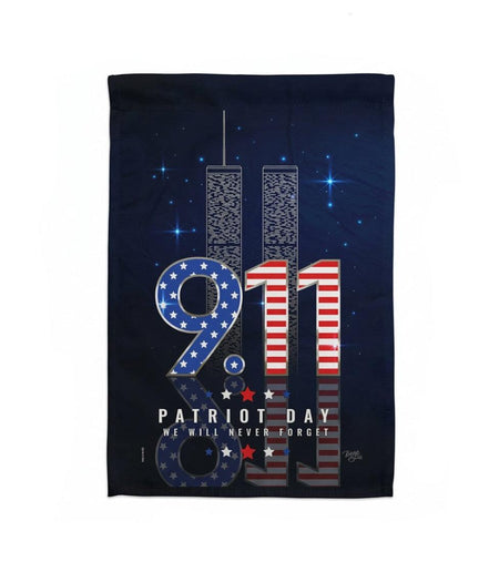 Never Forget Patriots Day Garden Fag features 9.11 reflected with the twin towers in the background and the words Patriot Day We Will Never Forget 