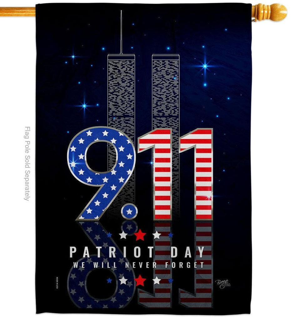 Honor September 11 with this patriotic 9/11 memorial house flag and house banner featuring the Twin Towers, American flag, 9.11.01 and Never Forget.
