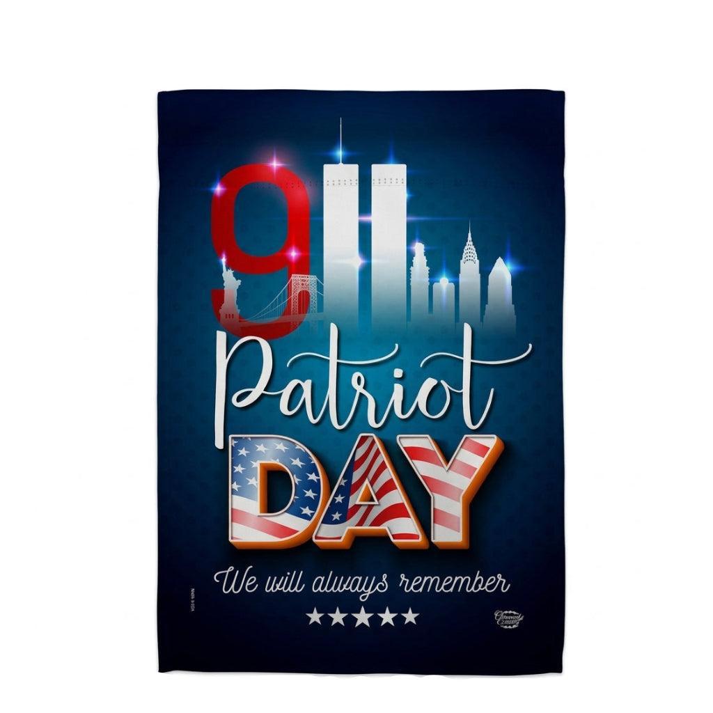 This Garden Flag features the skyline with the towers and the words Patriot Day We Will Always Remember with the 9/ 11 as the towers