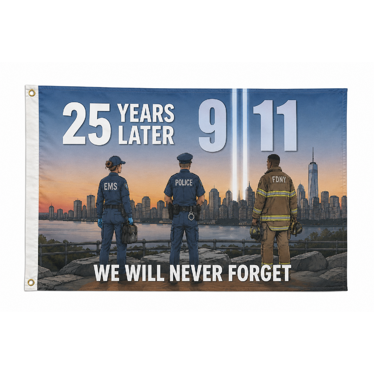 Honor 25 years since 9/11 with this exclusive Made in the USA 3x5 memorial flag honoring firefighters, police and EMS. Available only from Fly Me Flag.