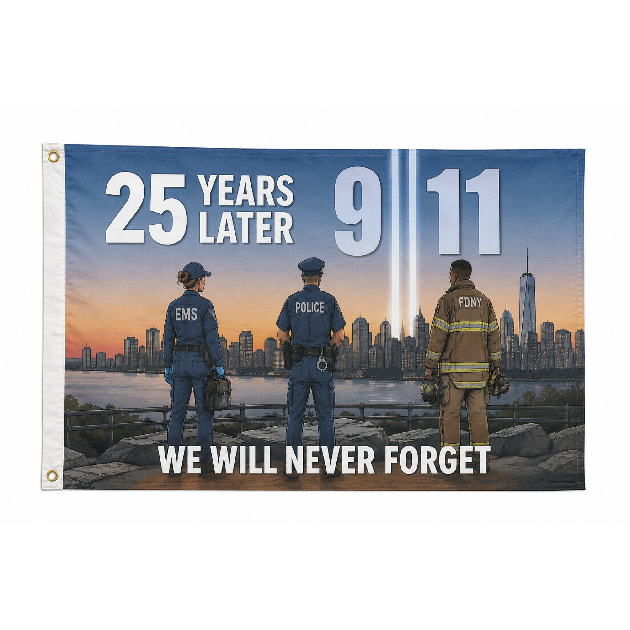 Honor 25 years since 9/11 with this exclusive Made in the USA 3x5 memorial flag honoring firefighters, police and EMS. Available only from Fly Me Flag.