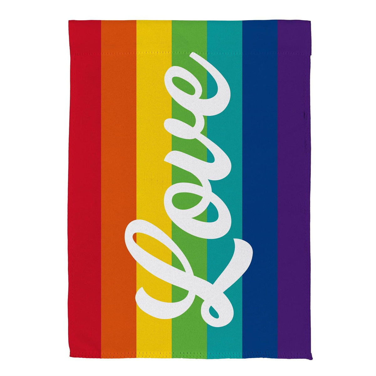 All Love Garden Flag Features a rainbow stripe background with the word "love" in the middle