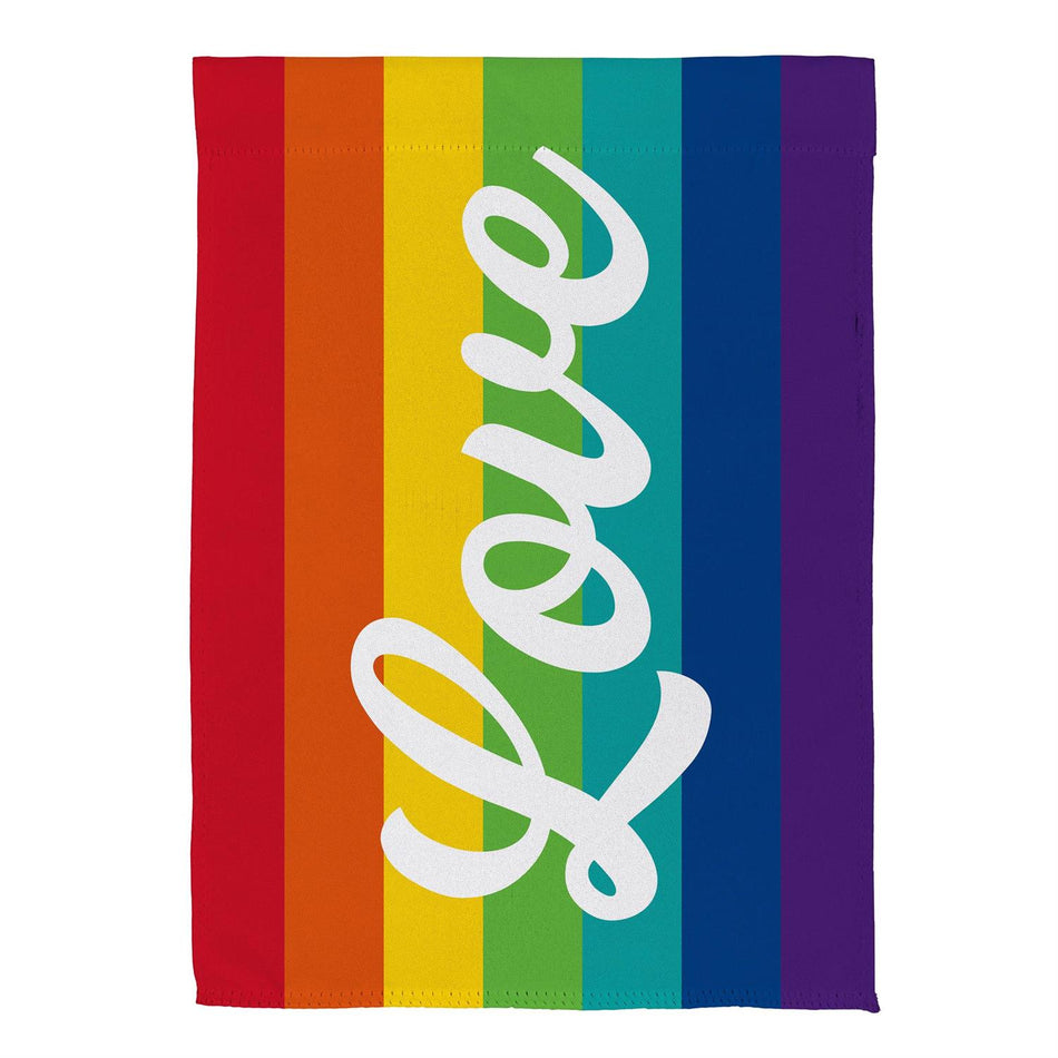 All Love Garden Flag Features a rainbow stripe background with the word "love" in the middle