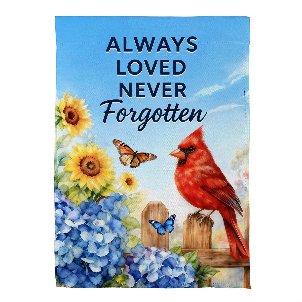 this garden flag features a cardinal sitting on a fence with some flowers and the words Always Loved Never Forgotten
