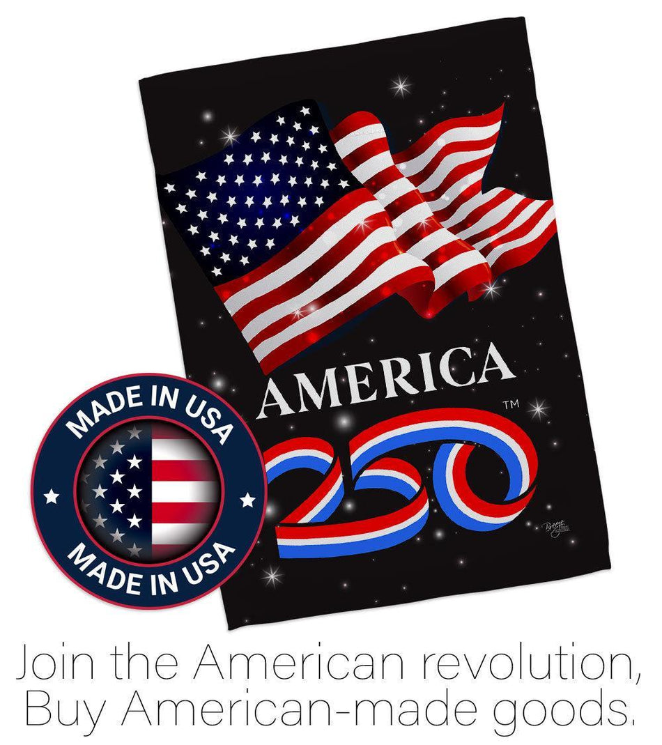 Celebrate America's 250th Anniversary with this garden flag, featuring an American Flag and the official America250 ribbon logo. 