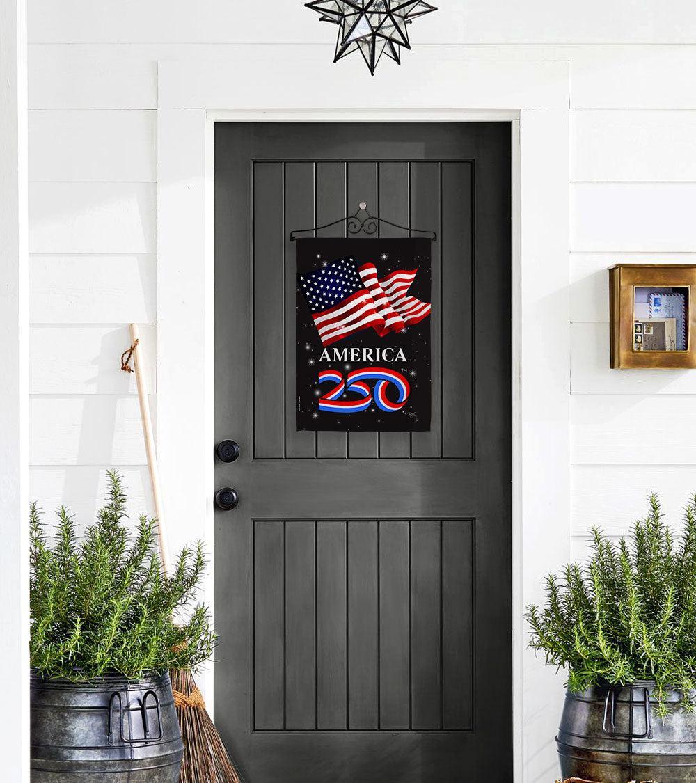 Celebrate America's 250th Anniversary with this garden flag, featuring an American Flag and the official America250 ribbon logo. 