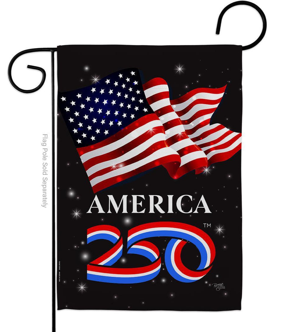 Celebrate America's 250th Anniversary with this garden flag, featuring an American Flag and the official America250 ribbon logo. 