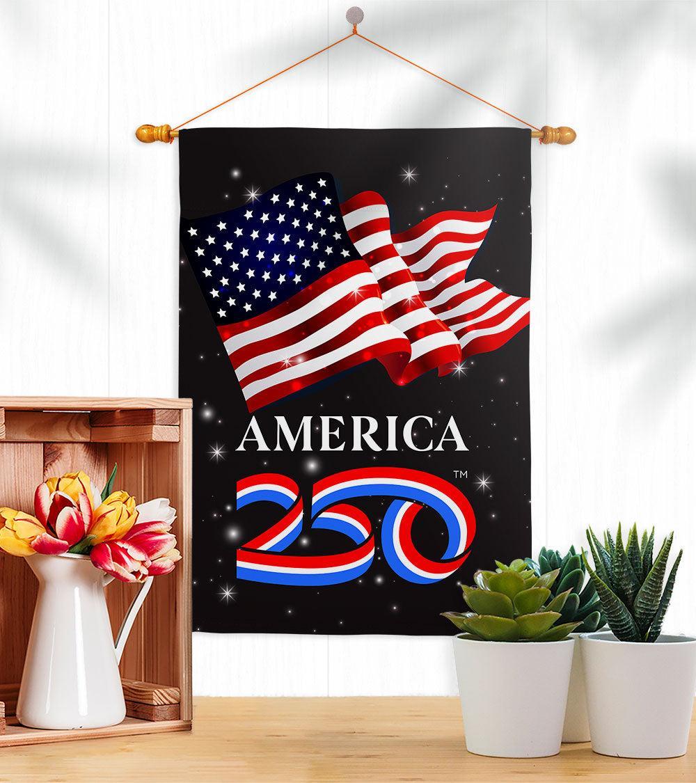 Celebrate America's 250th Anniversary with this house flag, featuring an American Flag and the official America250 ribbon logo. 