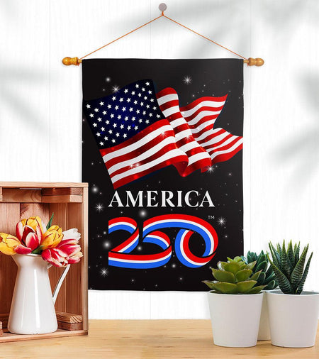 Celebrate America's 250th Anniversary with this house flag, featuring an American Flag and the official America250 ribbon logo. 
