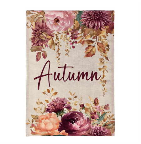 Autumn Florals Garden Flag Features the word Autumn Centered then Florals on the Top and Bottom