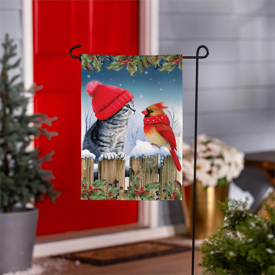 Kitten & Cardinal Winter Friends Burlap Garden Flag-Garden Flag-Fly Me Flag
