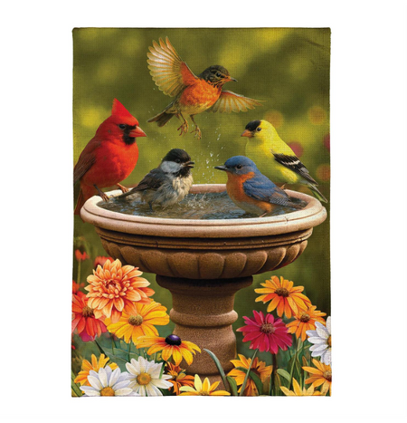 Bathing Birds Garden Flag Features a Bird Bath with a Variety of Birds Bathing 