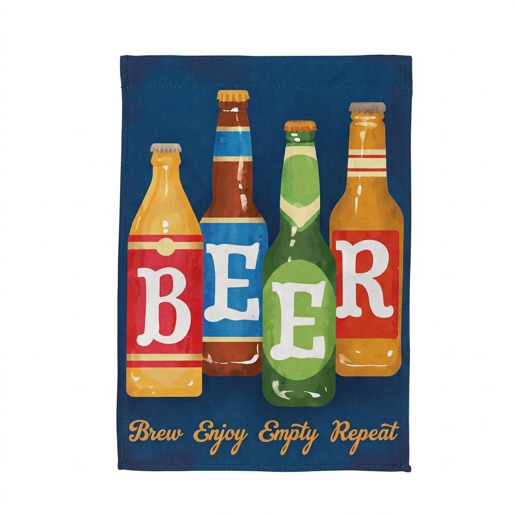 This Garden Flag Features 4 beer bottles that spell the word beer and the words  brew, enjoy, empty, repeat