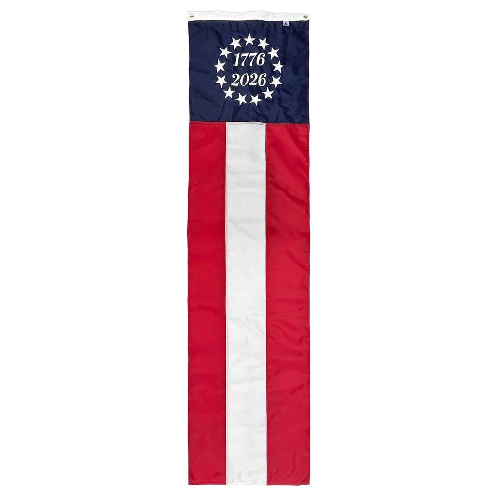 Commemorative 96" Betsy Ross pulldown for America 250 anniversary. Embroidered details, durable nylon, USA-made.