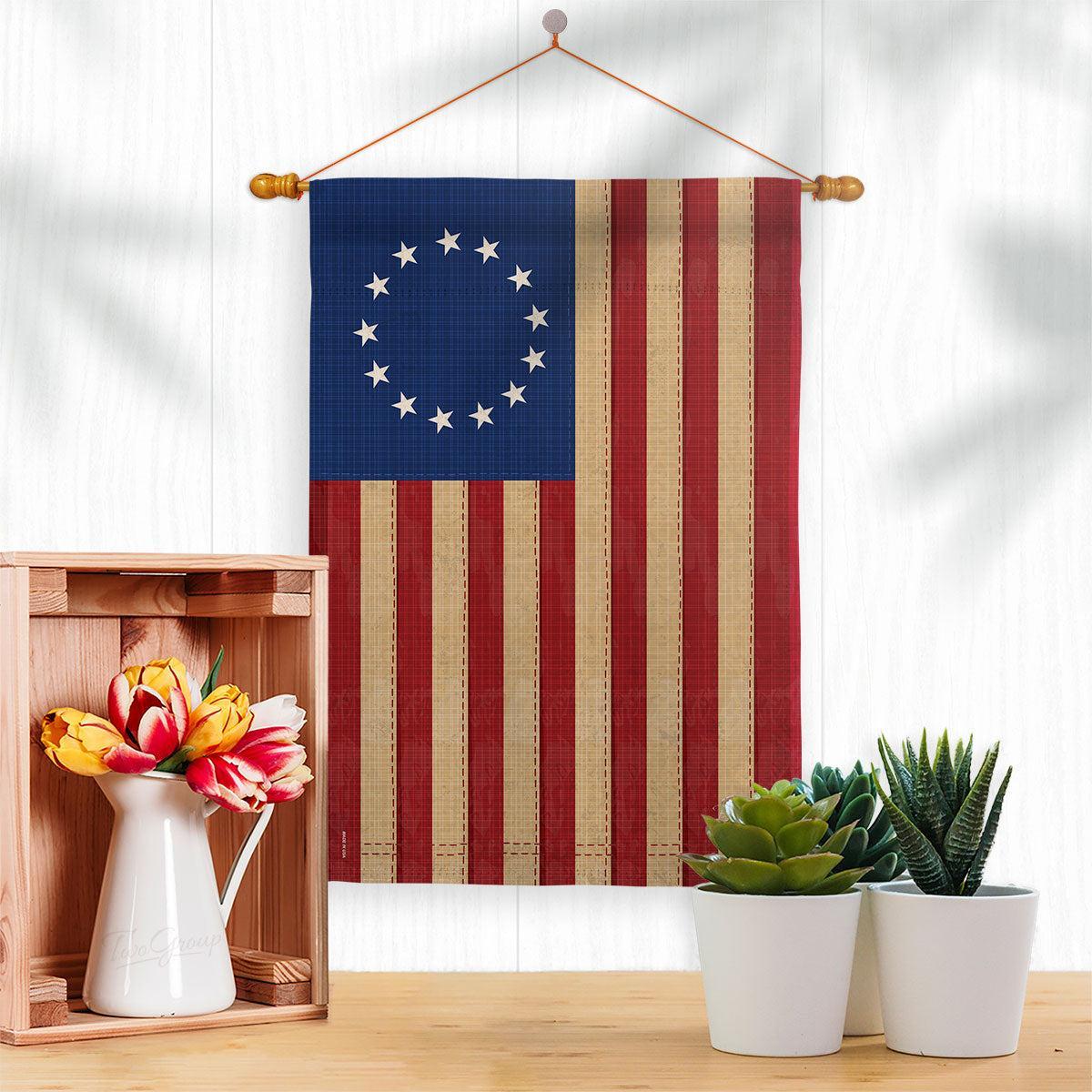 Historical Betsy Ross Garden Flag displayed with a vintage tea-stained appearance