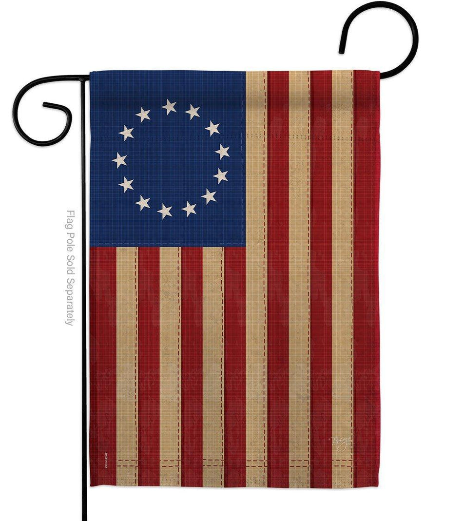 Historical Betsy Ross garden flag with vintage, tea-stained appearance