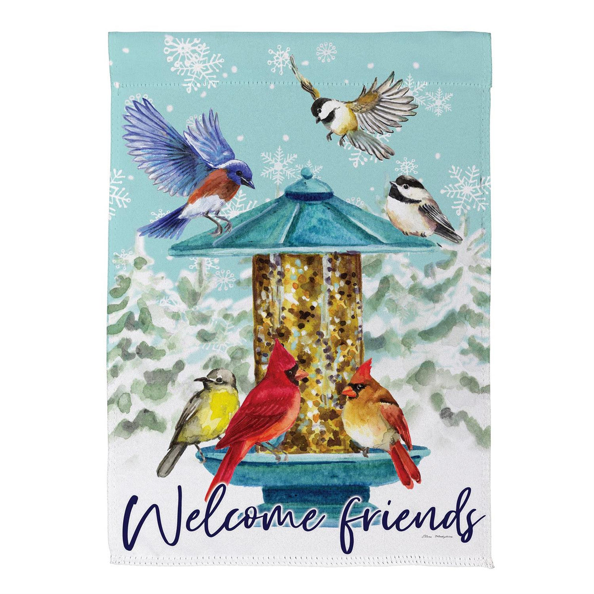 Birdfeeder Wonderland Suede Garden Flag Features Multiple Birds Landing on a Bird Feeder With the Words "Welcome Friends"