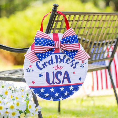 God Bless the USA patriotic fabric door decor outdoors