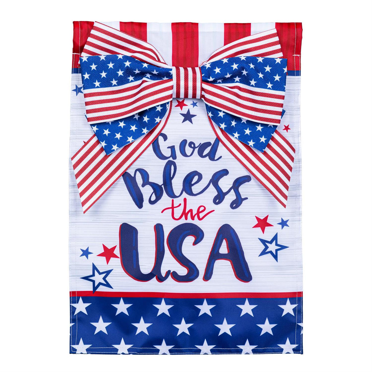 Bless The USA Bow Garden Flag Features a bow that is 3d and the words "god bless the USA"
