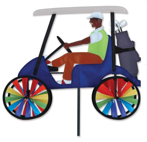 Blue Golf Cart Features a Man in a Green Vest "Driving" a Blue Golf Cart