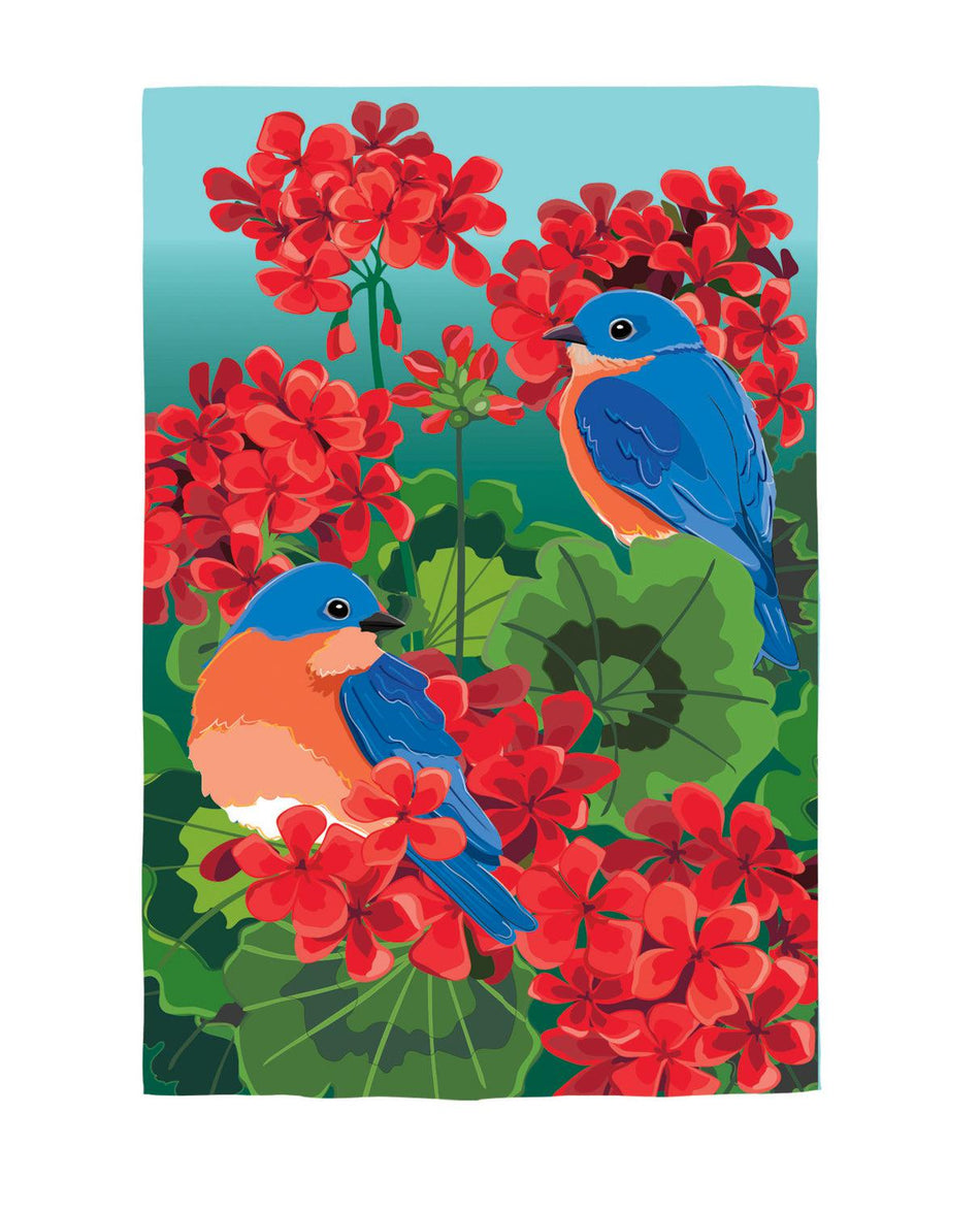 Bluebird in Red Geraniums Appliqué Garden Flag