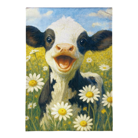 Caleb The Happy Calf Garden Flag Features a happy calf in a field of daisy's 