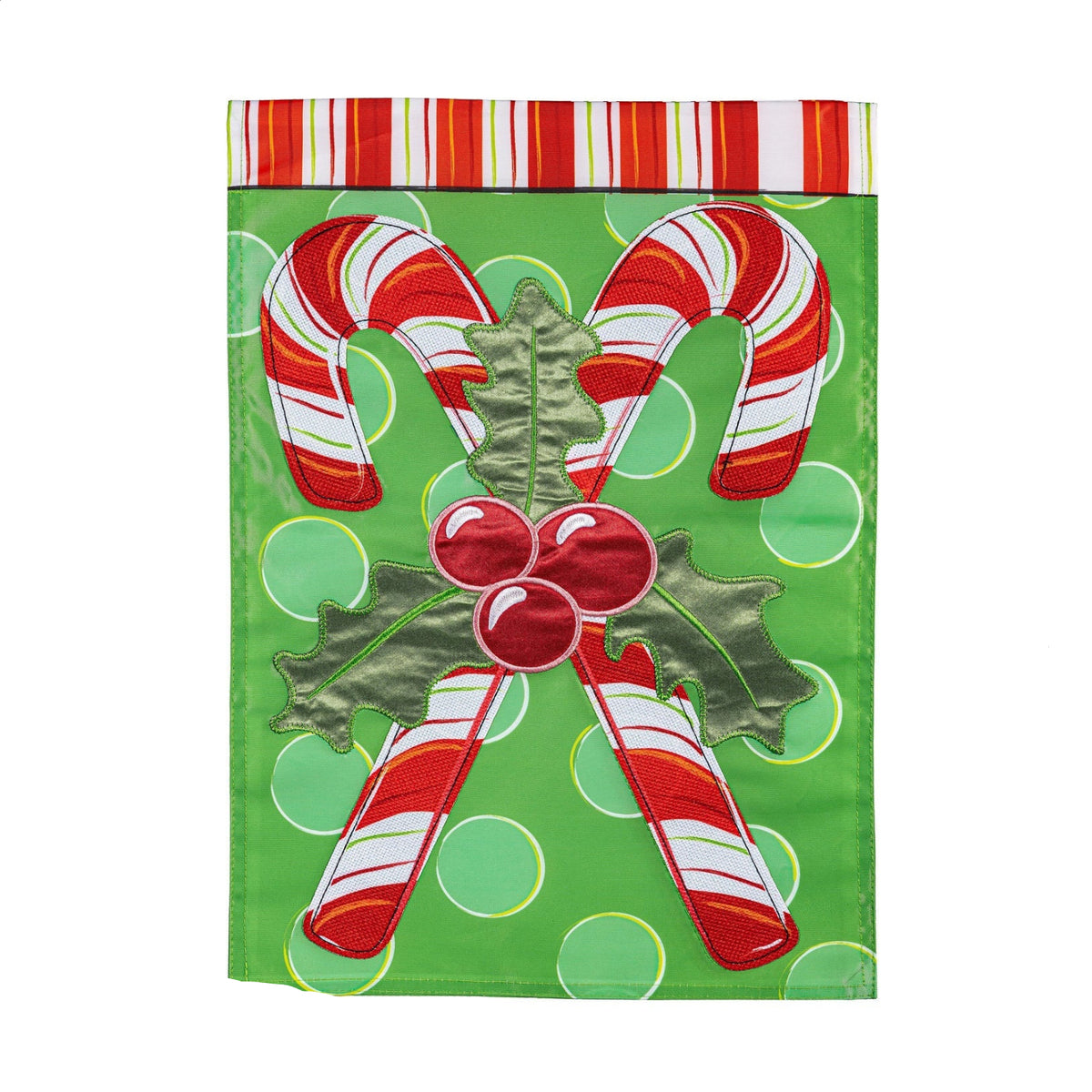 Candy Cane Christmas Garden Flag Features 2 candy canes crossed with a green background 