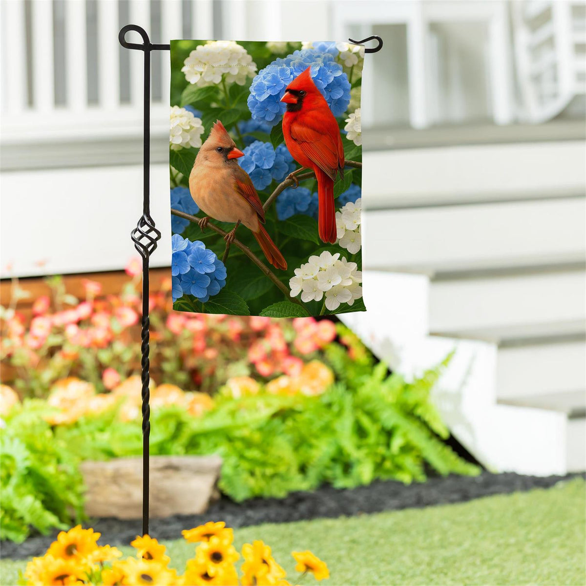 Cardinal Couple Among Hydrangeas Garden Flag
