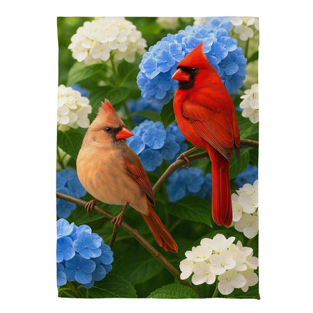 Cardinal Couple Among Hydrangeas Garden Flag Features a Cardinal Couple sitting on hydrangeas