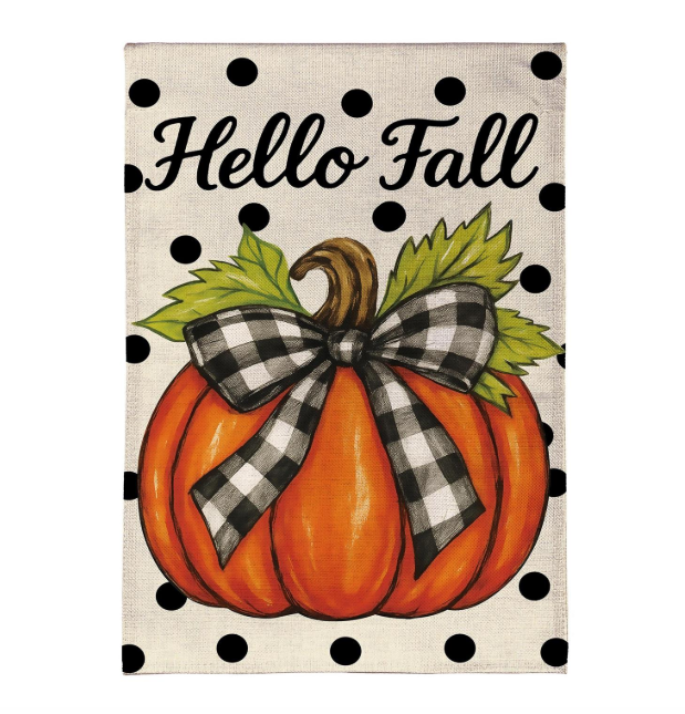 Checkered bow Pumpkin Burlap Garden Flag Features a Pumpkin with a Cute Checkered Bow with the Words "Hello Fall" 