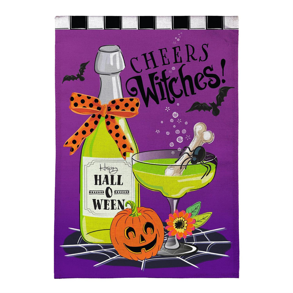 Cheers Witches Burlap Garden Flag Features a green wine bottle and the words "cheers witches"