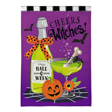 Cheers Witches Burlap Garden Flag Features a green wine bottle and the words "cheers witches"