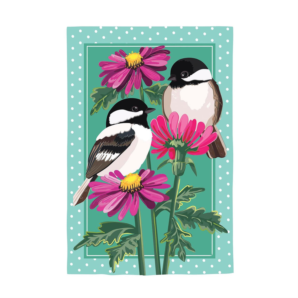 Appliqued House Flag with two chickadees and purple flowers on teal background