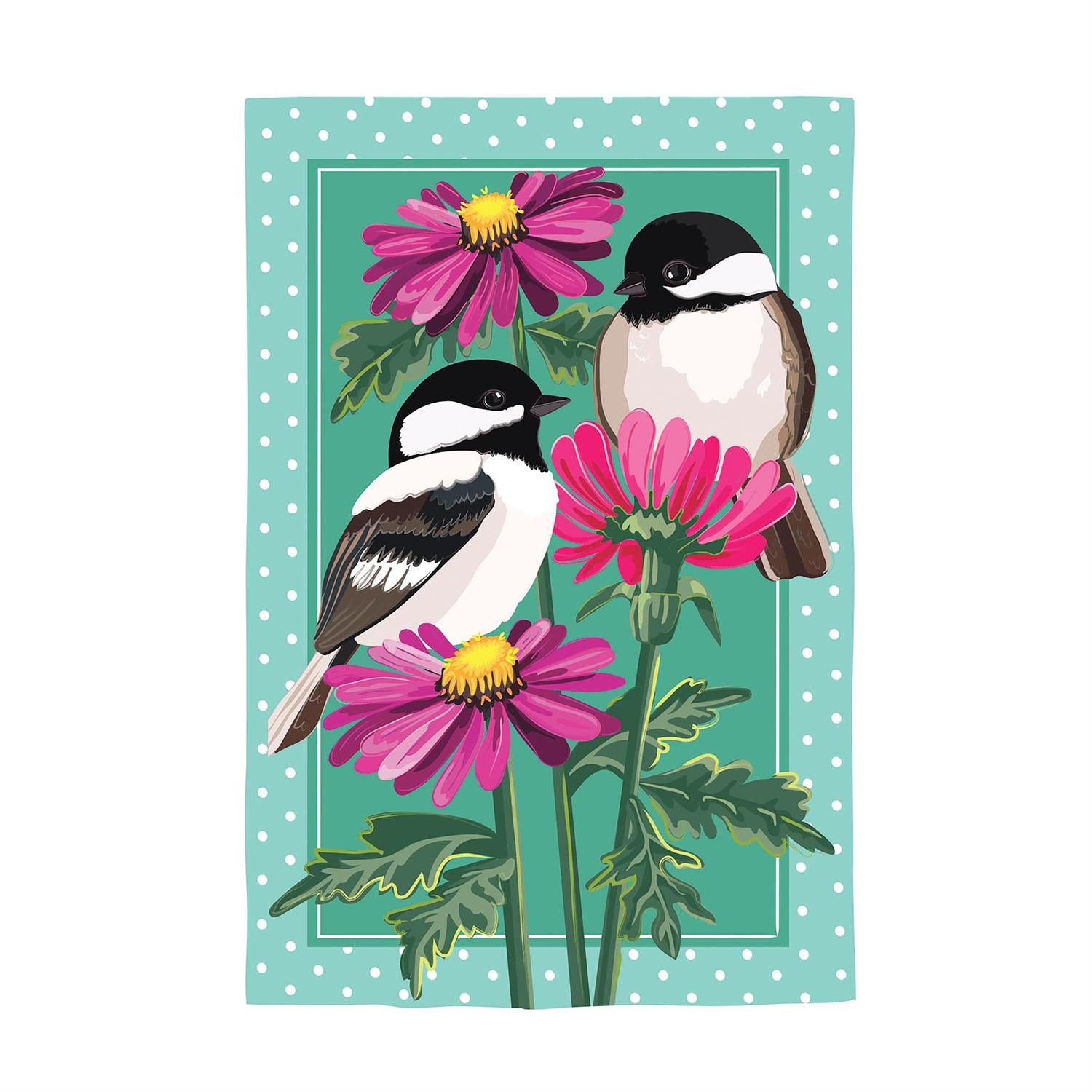 Appliqued House Flag with two chickadees and purple flowers on teal background
