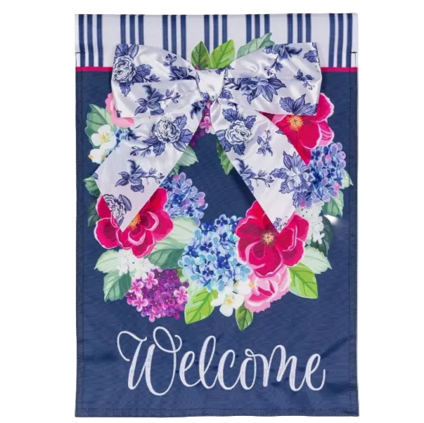 Chinoiserie Bow Floral Wreath Garden Flag with the Word Welcome with Pink, Blue and Purple Florals in the Shape of the Wreath 