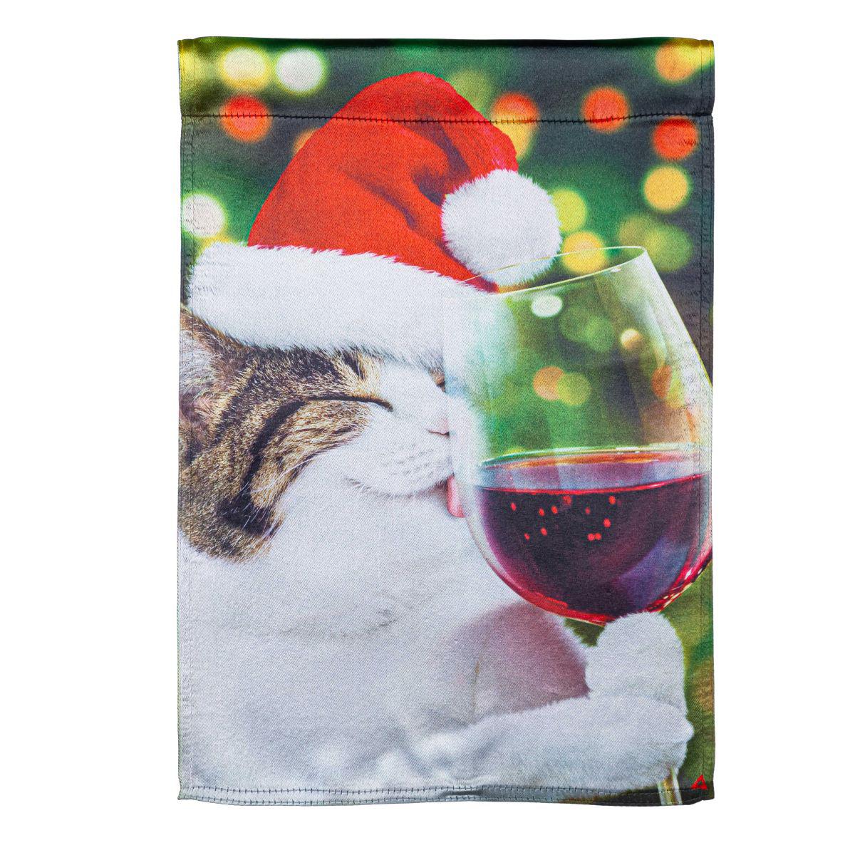 Christmas Cat with Wine Lustre Garden Flag-Garden Flag-Fly Me Flag
