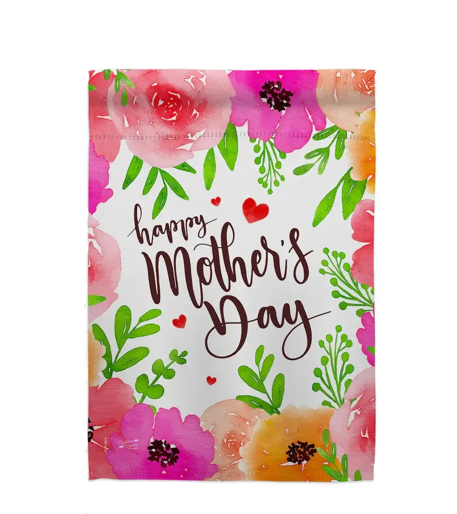 This garden flag features a floral boarder with the words happy mothers day in the middle