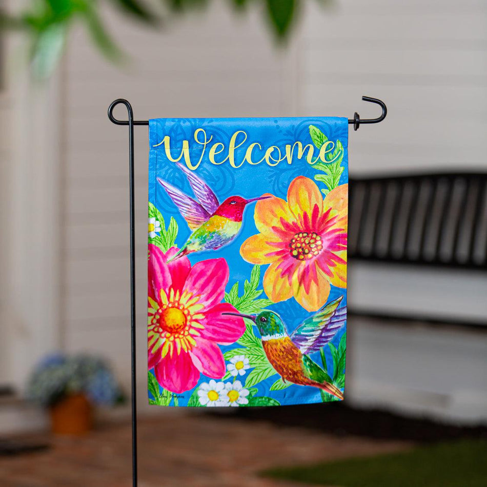 Colorful Hummingbird and Flowers Garden Flag