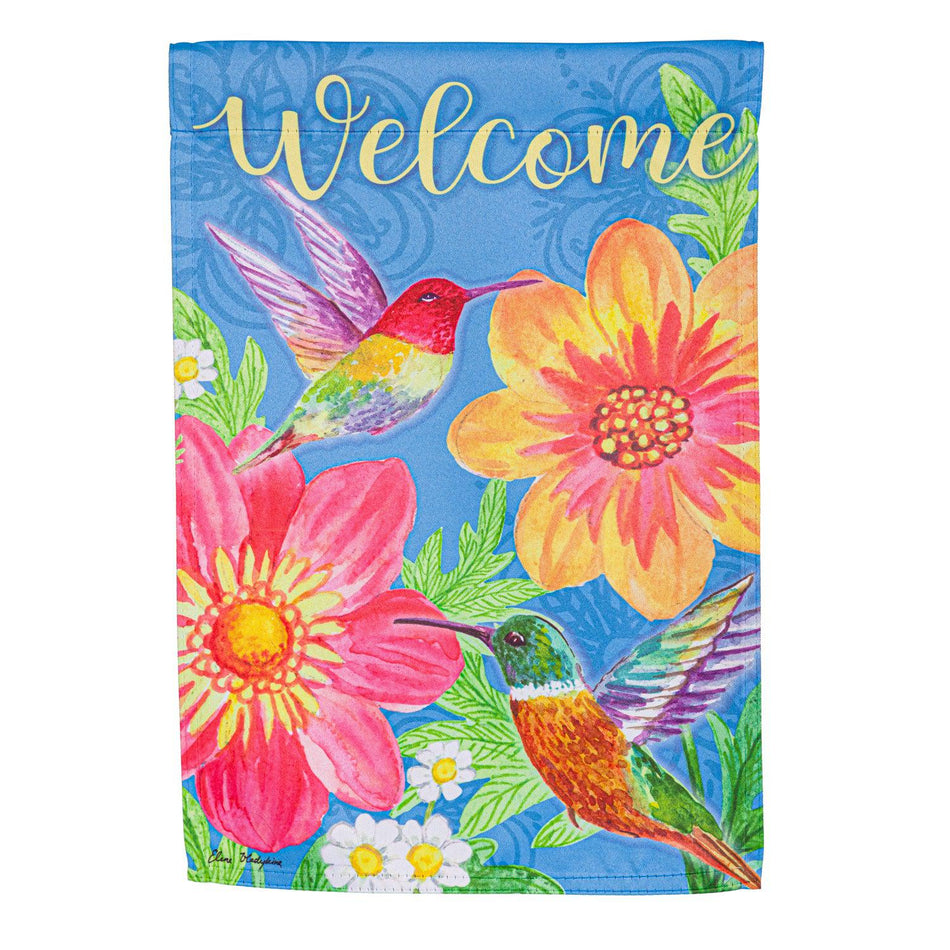Colorful Hummingbird and Flowers Garden Flag