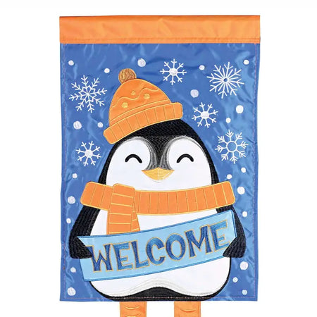 Crazy Leg Penguin Garden Flag Features an Applique Penguin with Crazy Legs Holding a Welcome Sign 