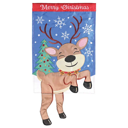 Crazy Leg Reindeer Applique Garden Flag Features a Cheerful Reindeer with some crazy legs that are sure to blow in the wind and the Words Merry Christmas 