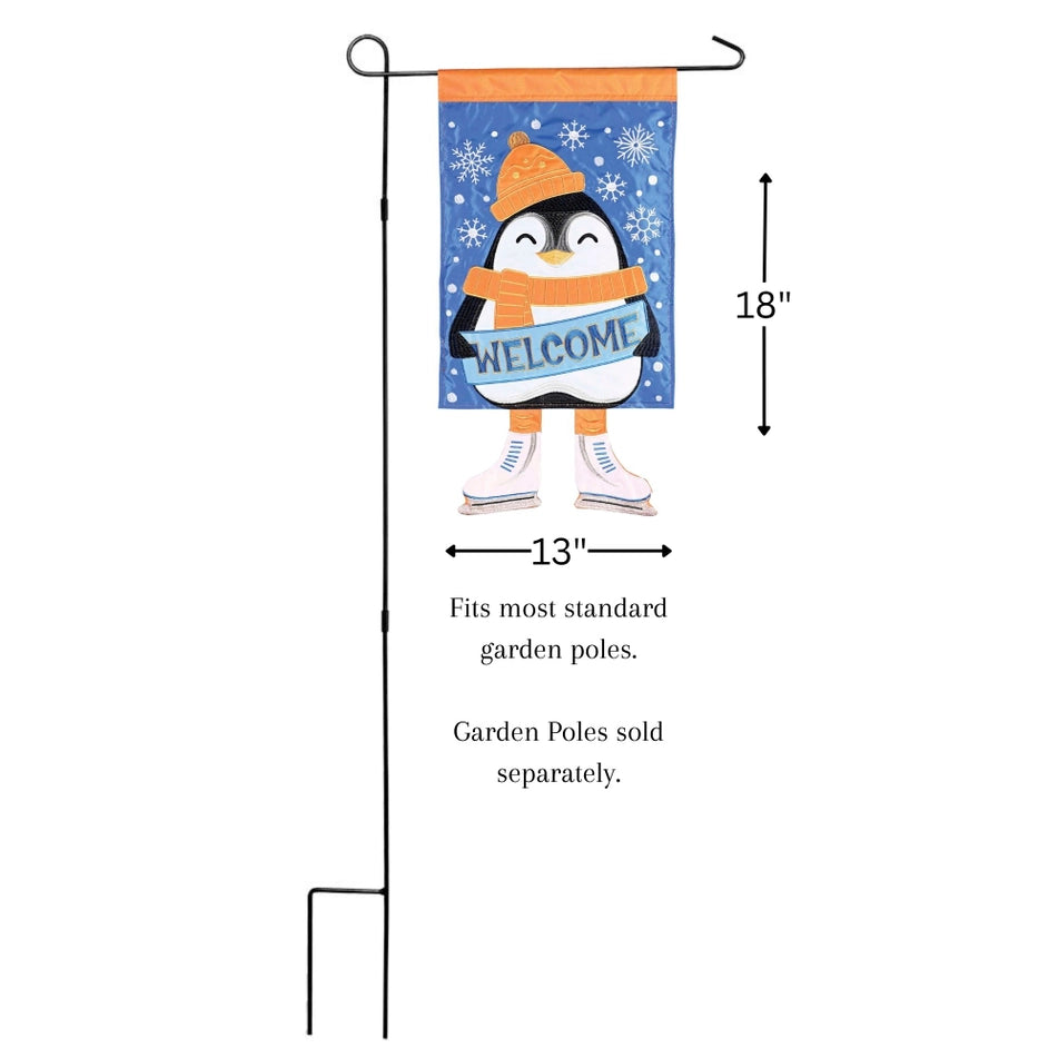 Crazy Leg Penguin Garden Flag Shown on a Garden Flag Stand 