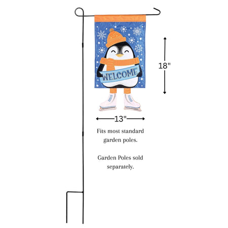 Crazy Leg Penguin Garden Flag Shown on a Garden Flag Stand 