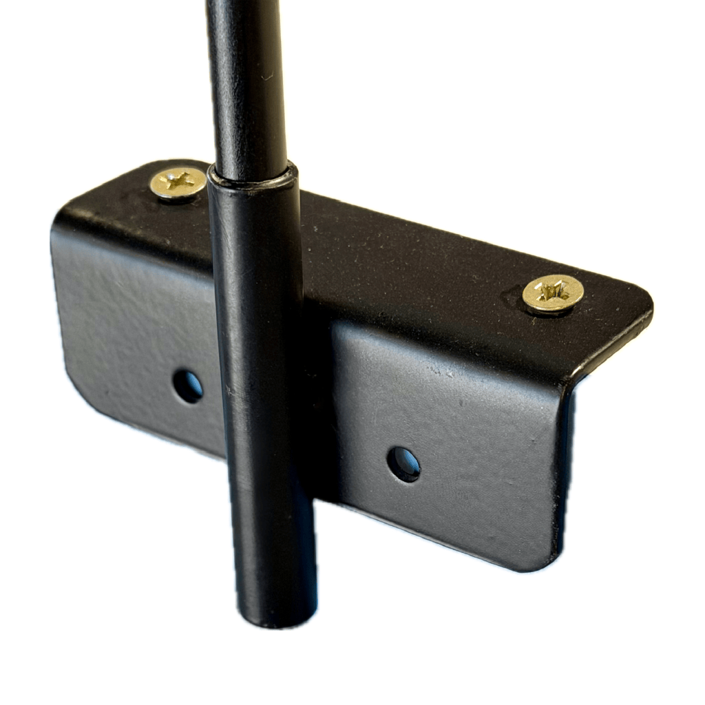 Close up of deck or railing mounting bracket for yard spinners 