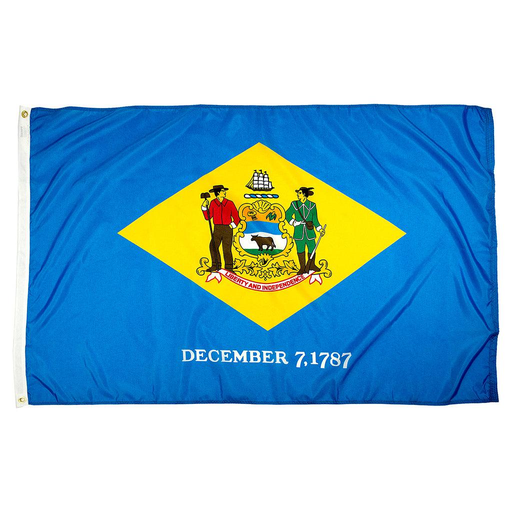 Long-lasting outdoor State of Delaware Flags available in 1x1.5, 2x3, 3x5, 4x6, 5x8, 6x10, 8x12, 10x15 and 12x18 sizes