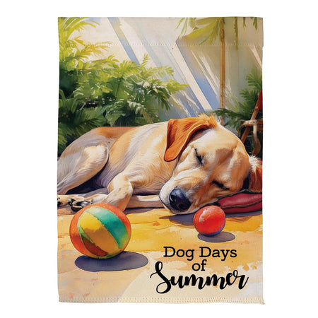Dog Days Of Summer garden flag features a yellow lab sleeping with the words "dog days of summer"